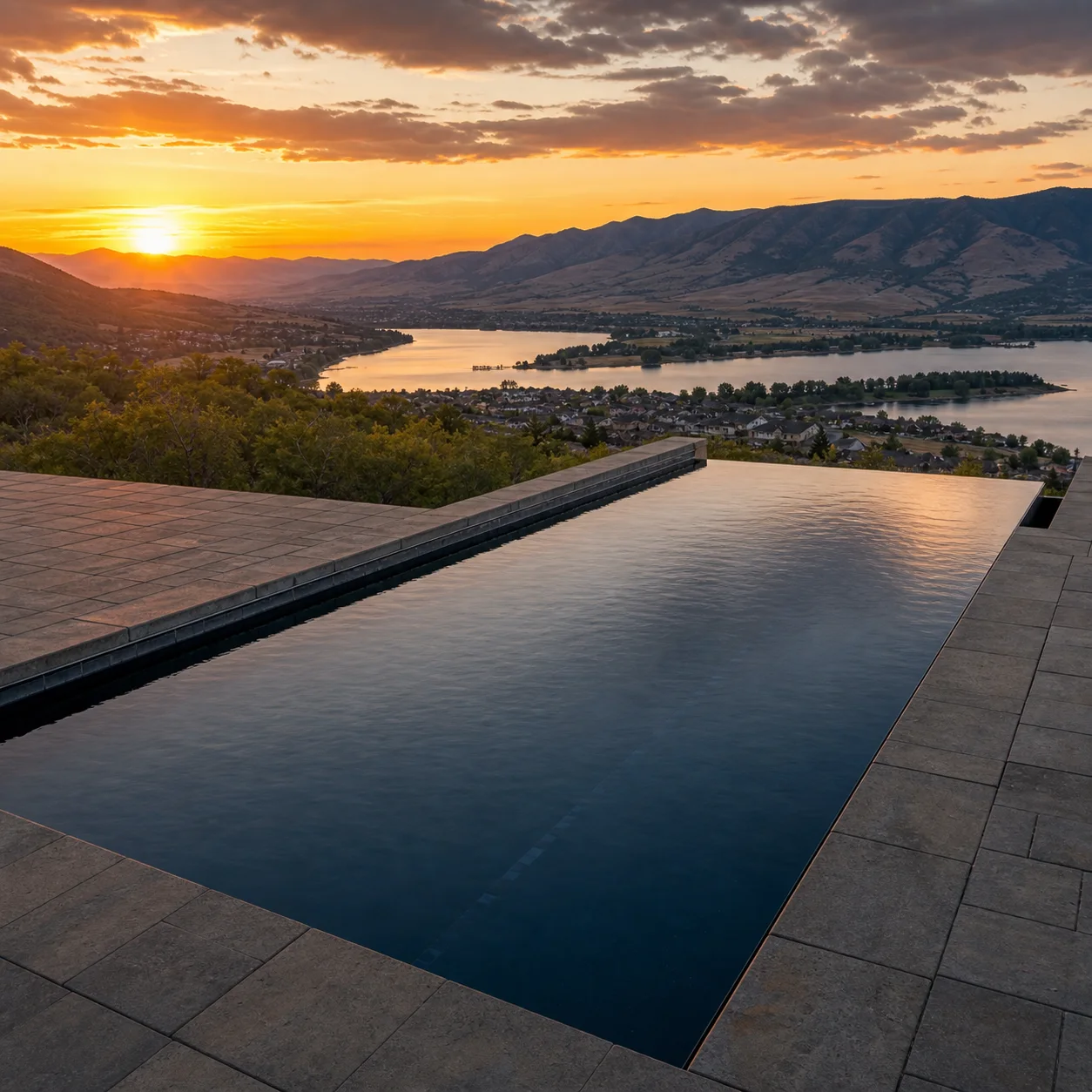 Infinity-edge pool at sunset in Northern Utah